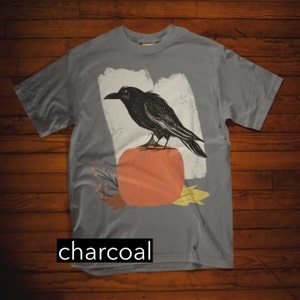 May include: A charcoal gray t-shirt with a graphic of a black crow perched on top of an orange pumpkin. The crow has a white background with a yellow leaf and brown branches.