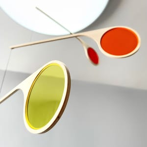 Large Kinetic Mobile: Rainbow Acrylic Disks, Mid-Century Modern Hanging Art