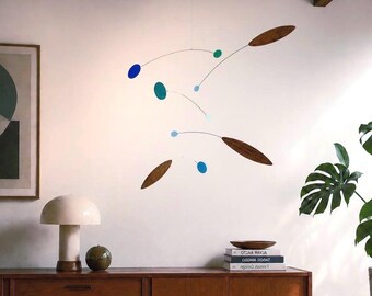 AEOLUS Mobile - Abstract Mid Century Kinetic Sculpture with Walnut Leaves & Acrylic Circles