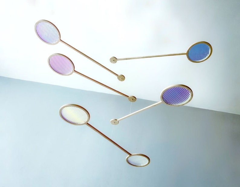 Reeded Dichroic Orbit Mobile - The Illuminist - Mobiles Kinetic Mobile Kinetic Art  Kinetic Sculpture Crib Mobile Baby Mobile Nursery Mobile Mobile Art Mid Century Art  Mid Century modern Calder mobile mobiles for adults furniture and decor Hanging
