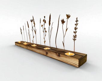 Shou Sugi Ban Candle Holder: Metal Wildflower Tea Light Centerpiece