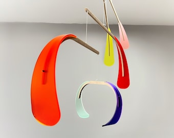 Mid Century Kinetic Mobile Sculpture. Adult & Baby Mobile, Acrylic and Birch Hanging Art