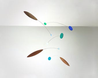 AEOLUS Mobile - Abstract Mid Century Kinetic Sculpture with Walnut Leaves & Acrylic Circles