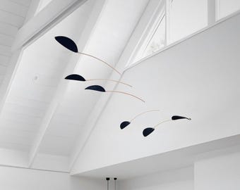 Large Kinetic Mobile: Black Scandi Hanging Decor, Mid Century Modern Art