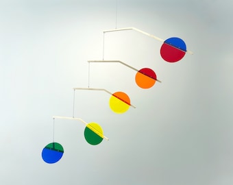 PRISM Kinetic Sculpture Adult Mobile. Wood & Rainbow Acrylic Circles