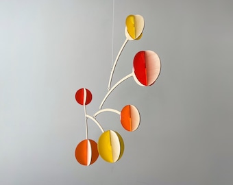 Hanging Kinetic Mobile Art Sculpture, An Adult or Baby Nursery Mobile. Orange & Red Moon Mobile Handcrafted by The Illuminist