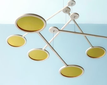 Mid Century Modern Kinetic Mobile: Gold Brass Acrylic Mirror Art