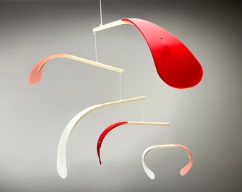 Large Kinetic Mobile Sculpture. Mid Century Modern Calder Hanging Art. Adult & Baby Nursery Mobile, Red and Pink, Bloom The Illuminist