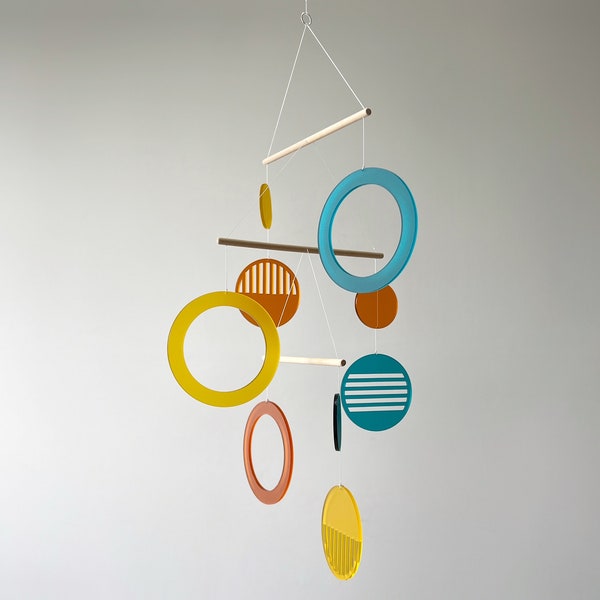 Hanging Kinetic Mobile. Adult & Baby Mobile, Modern Acrylic Wooden Mobile. Teal, Orange, Yellow Mid Century Geometric. LUNA, The Illuminist