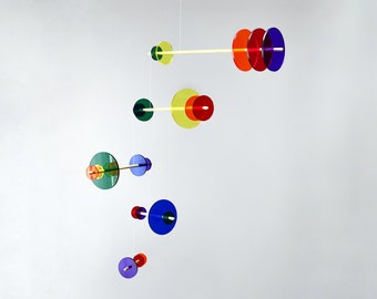 Rainbow Acrylic Kinetic Mobile Sculpture. Adult & Baby Nursery Wooden Hanging Mobile. Mondrian Bauhaus Modern Art. ECLIPSE -The Illuminist