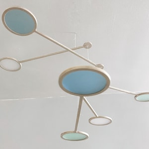 Large Kinetic Mobile Sculpture, Adult & Baby Nursery Mobile. Mid Century Modern Hanging Art. Blue Green Orbit, The Illuminist