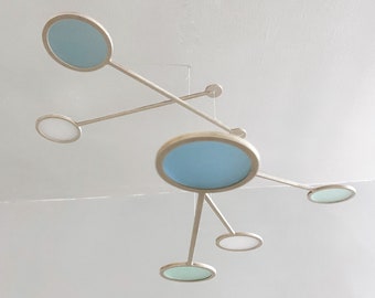 Large Kinetic Mobile Sculpture, Adult & Baby Nursery Mobile. Mid Century Modern Calder Hanging Art. Blue Green Orbit, The Illuminist