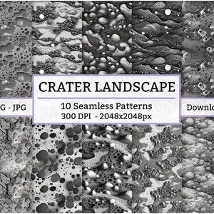 10x Moon Craters Landscape Seamless Pattern - 10 Designs - Black and White - Digital Download For Paper, Fabric, Wallpaper, Scrapbooking