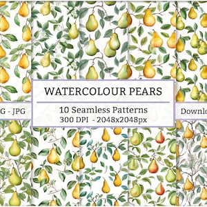 10x ensemble de motifs sans couture aquarelle poires - 10 dessins téléchargement numérique pour papier, tissu, papier peint, déco maison, textile - Line Art poires