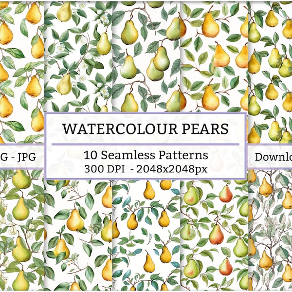 10x Watercolour Pears Seamless Pattern Set - 10 Designs Digital Download For Paper, Fabric, Wallpaper, Home Deco, Textile - Line Art Pears