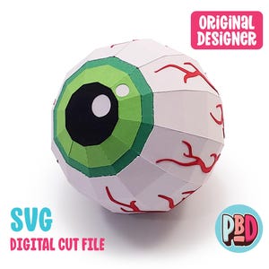May include: A 3D papercraft model of a green eyeball with red veins. The eyeball is made of white paper with green and black details. The model is designed to be cut out and assembled.