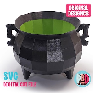 May include: A black cauldron with green liquid inside and two handles. The cauldron has three legs and is made of paper. The image is a digital cut file.