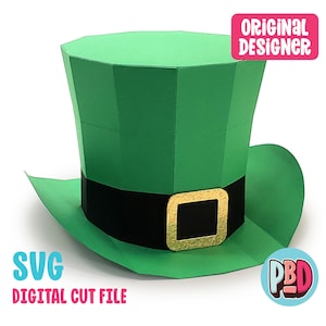 Puede incluir: Un sombrero verde de duende con una banda negra y una hebilla dorada. El sombrero está hecho de papel y está diseñado para ser cortado y ensamblado.