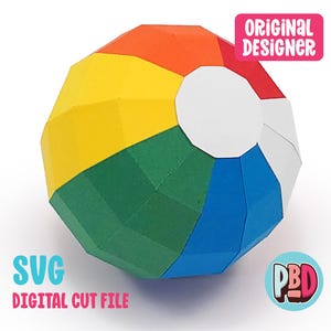 Puede incluir: Una pelota de playa de papelcraft colorida con secciones rojas, amarillas, verdes, azules y blancas. La pelota es un diseño 3D y está lista para ser recortada y ensamblada. Archivo de corte digital SVG.