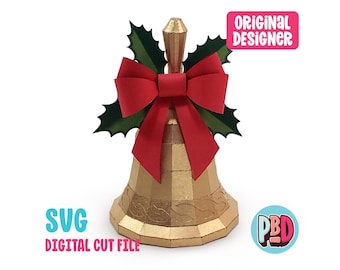 May include: A gold Christmas bell with a red bow and green holly leaves. The bell is decorated with a detailed pattern.  SVG Digital Cut File.