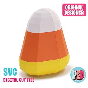 Op de afbeelding: Een 3D-papiermodel van een candy corn. Het model is gemaakt van oranje, geel en wit papier en is ontworpen om uit te knippen en in elkaar te zetten. Het model is een leuke en feestelijke decoratie voor Halloween.