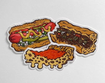 Pack of 3 Chicago Stickers - Hot Dog, Italian Beef, Deep Dish Pizza - Vinyl 3” - Durable, Waterproof, and Scratchproof
