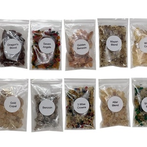 May include: Twelve small clear plastic bags containing various types of incense resins, including Dragon's Blood, Seven Angels, Golden Benzoin, Mayan Blend, White Copal, Gold Copal, Benzoin, 3 Wise Crowns, Altar Blend, and Shaman Blend.