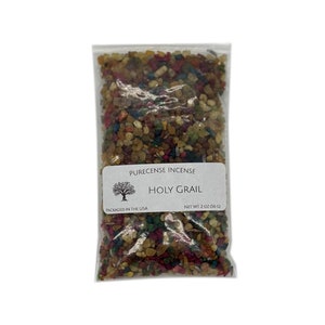 May include: A clear plastic bag filled with colorful incense chips. The bag has a white label that reads "PURECENSE INCENSE HOLY GRAIL PACKAGED IN THE USA NET WT: 2 OZ (56G)"