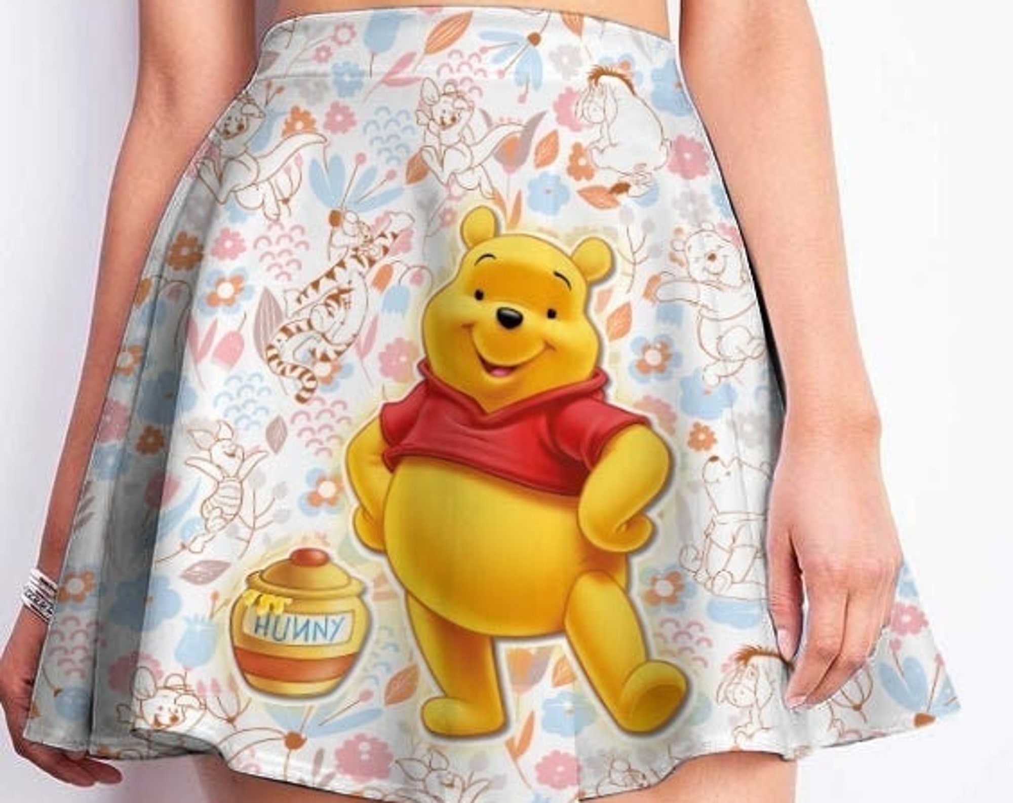 Discover Pooh Bear Flowery Pattern Cute Disney Cartoon Summer Vacation Outfits High Waisted Skater Circle Flowy Skirt Dress Clothes Women Girls