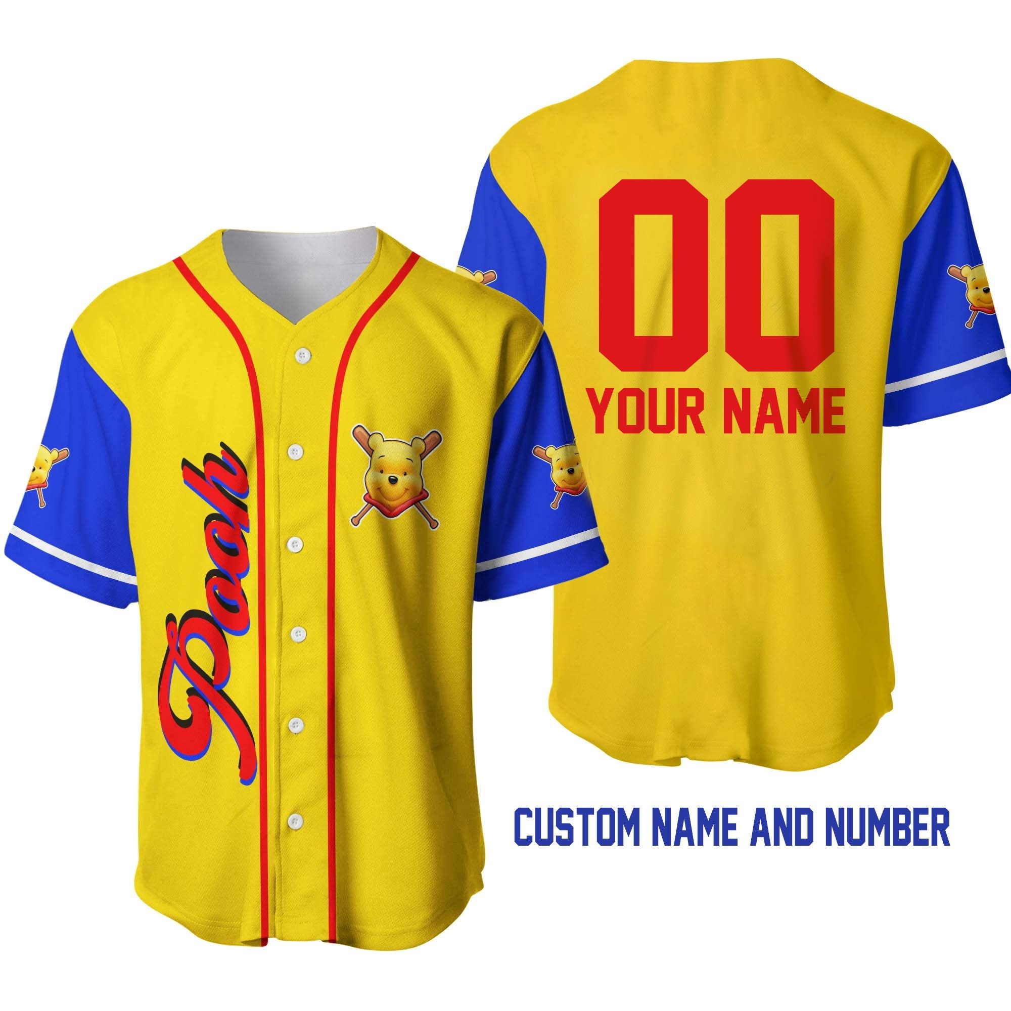 Winnie Pooh Yellow Red Blue Disney Unisex Cartoon Graphic Casual Custom Baseball Jersey