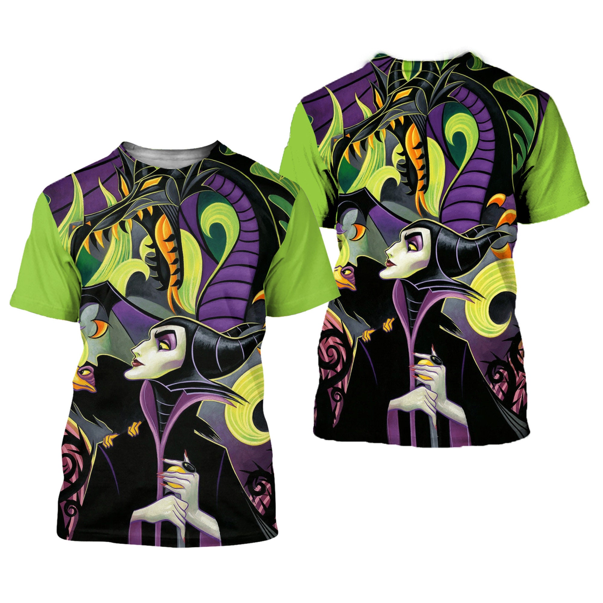 Discover Maleficent & Diablo Green Button Overalls Patterns Disney Outfits Unisex Casual T-shirts 3D