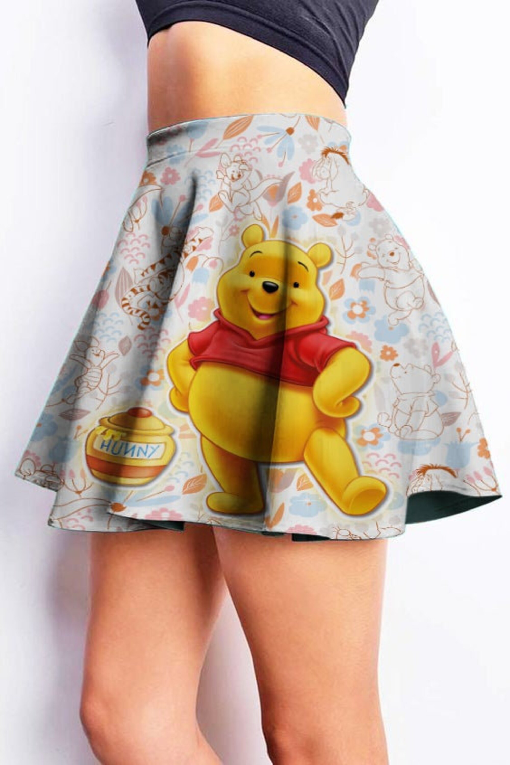 Pooh Bear Flowery Pattern Cute Disney Cartoon Summer Vacation Outfits High Waisted Skater Circle Flowy Skirt Dress Clothes Women Girls