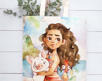 Moana Princess Pink Brown Colourful Water Color Disney Graphic Cartoon Custom Personalized Canvas Fabric Tote Shoulder Bag Women Girls