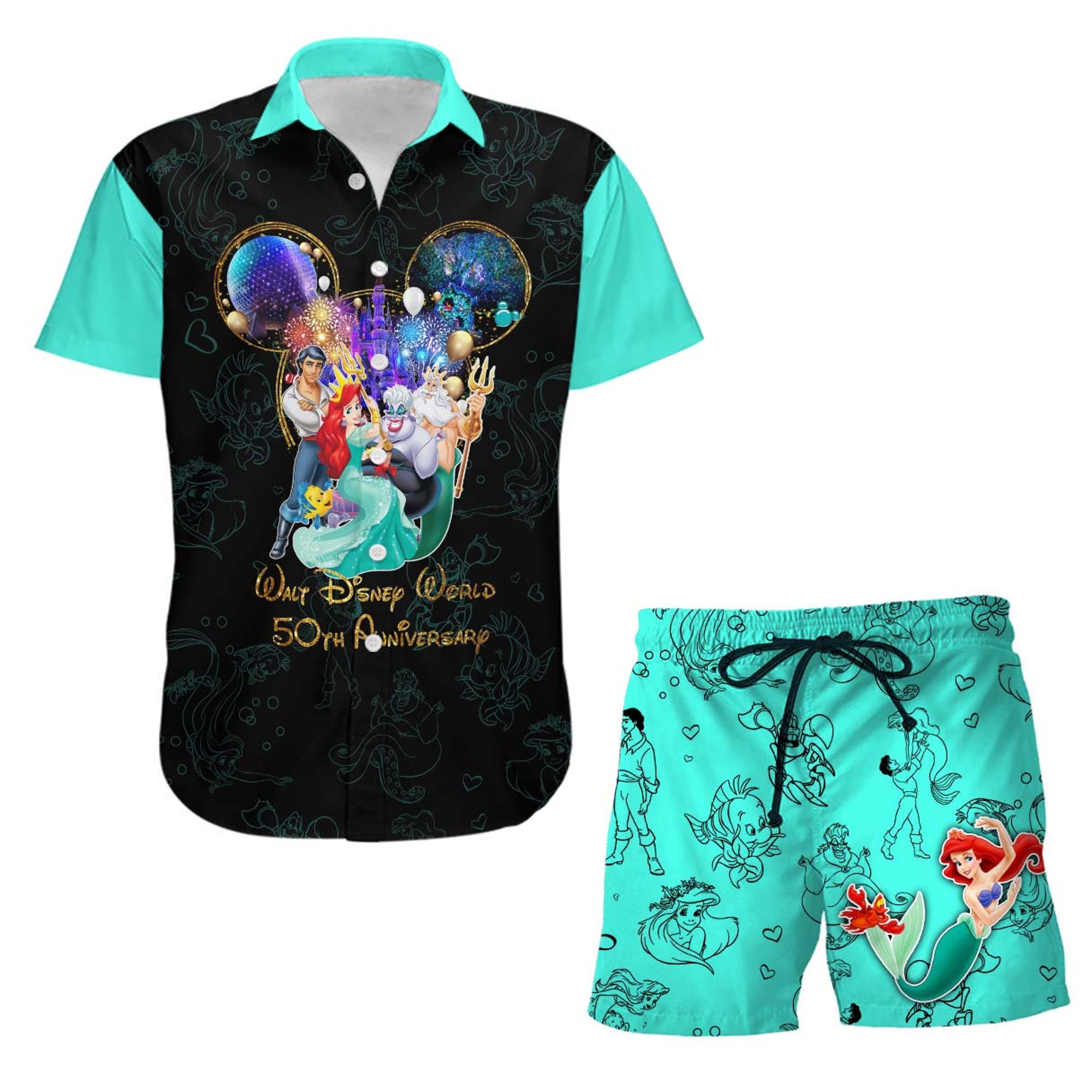 Die kleine Meerjungfrau 50. Jahrestag Glitzer Schloss Disney Hawaiian Shirt + Shorts Die kleine Meerjungfrau 50. Jahrestag Glitzer Schloss Disney Hawaiian Shirt + Shorts