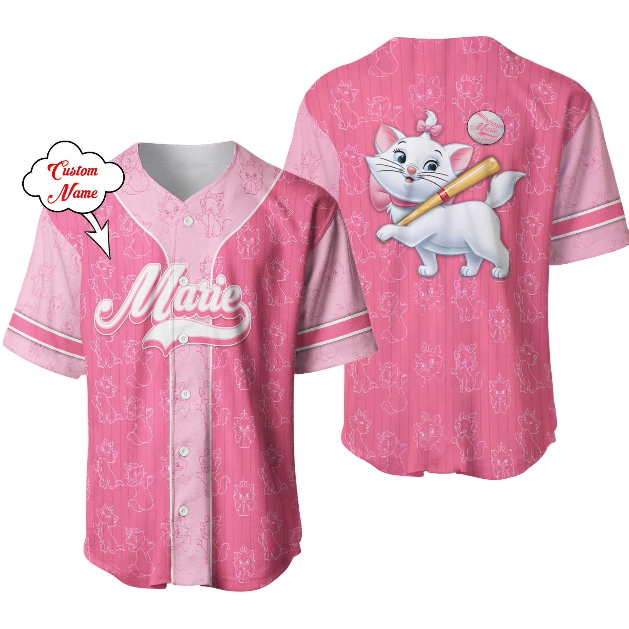 Marie Cat Pink White Patterns Disney Unisex Cartoon Custom Baseball Jersey