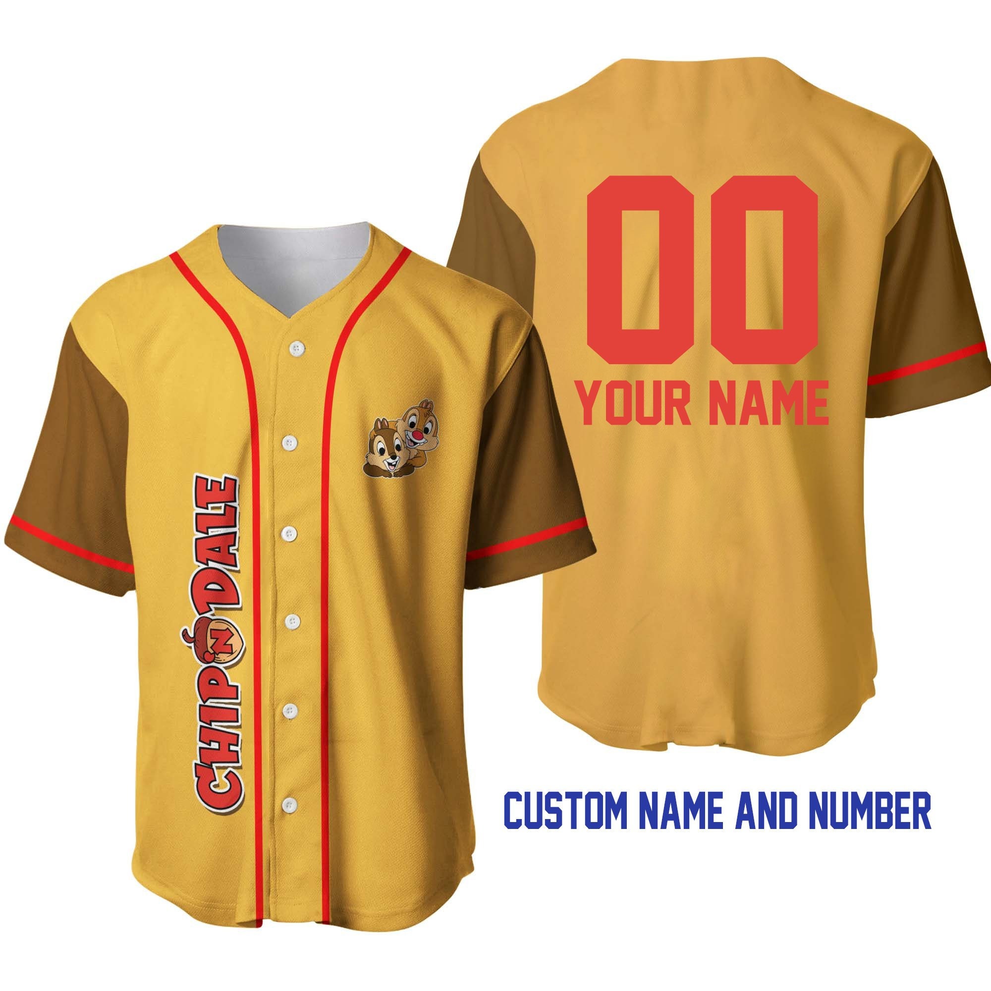 Discover Chip 'n' Dale Gold Brown Red Disney Unisex Cartoon Graphic Casual Outfits Custom Baseball Jersey