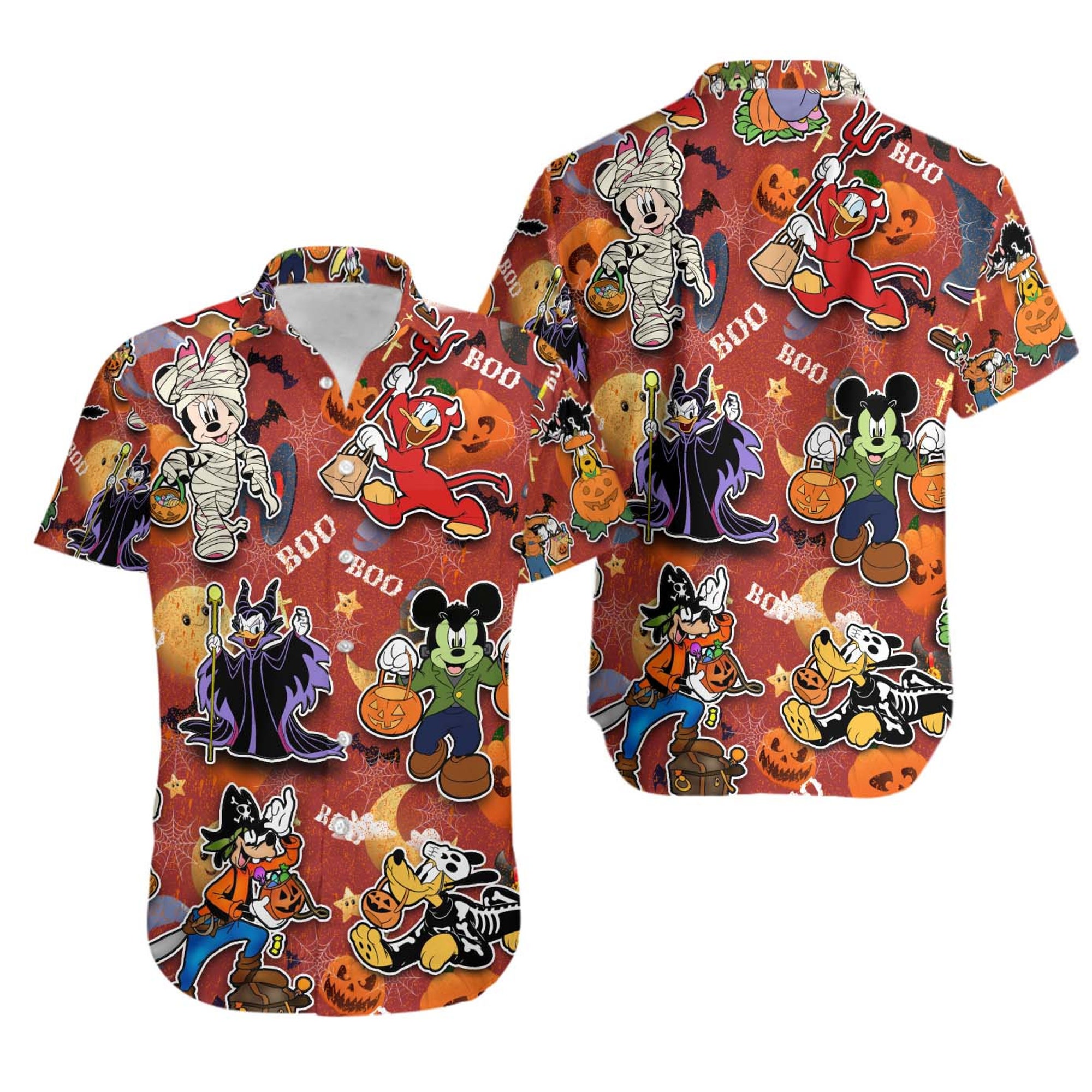 Mickey & Friends Orange Pattern Disney Hawaiian Button Down Shirt