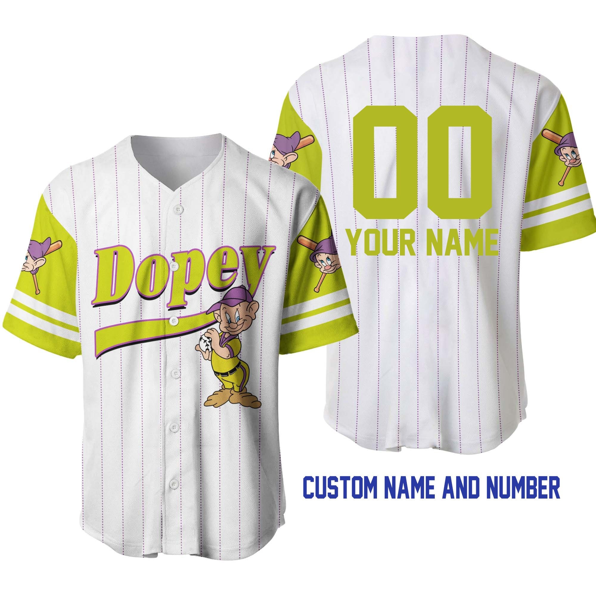 Dopey Dwarf White Chartreuse Disney Unisex Cartoon Graphic Casual Outfits Custom Baseball Jersey