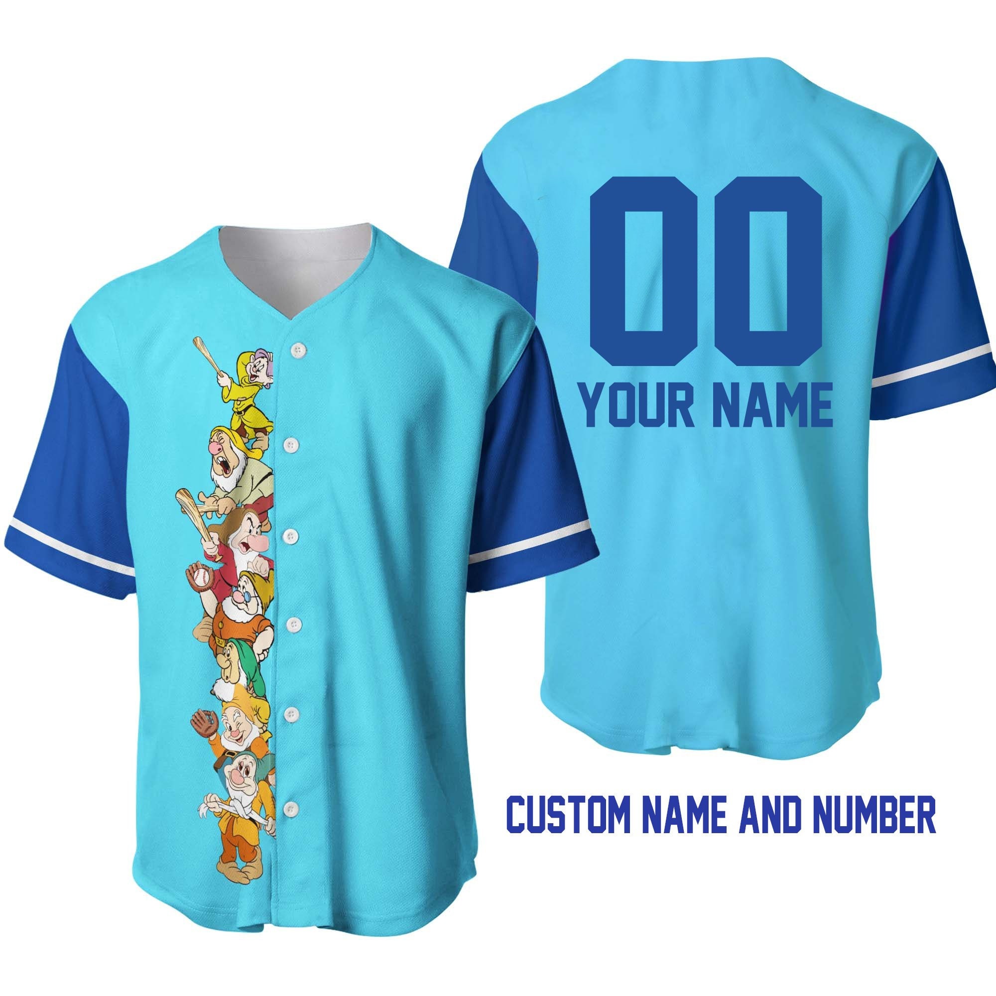 Discover Seven Dwarf Team Blue Disney Unisex Cartoon Graphic Casual Outfits Custom Baseball Jersey