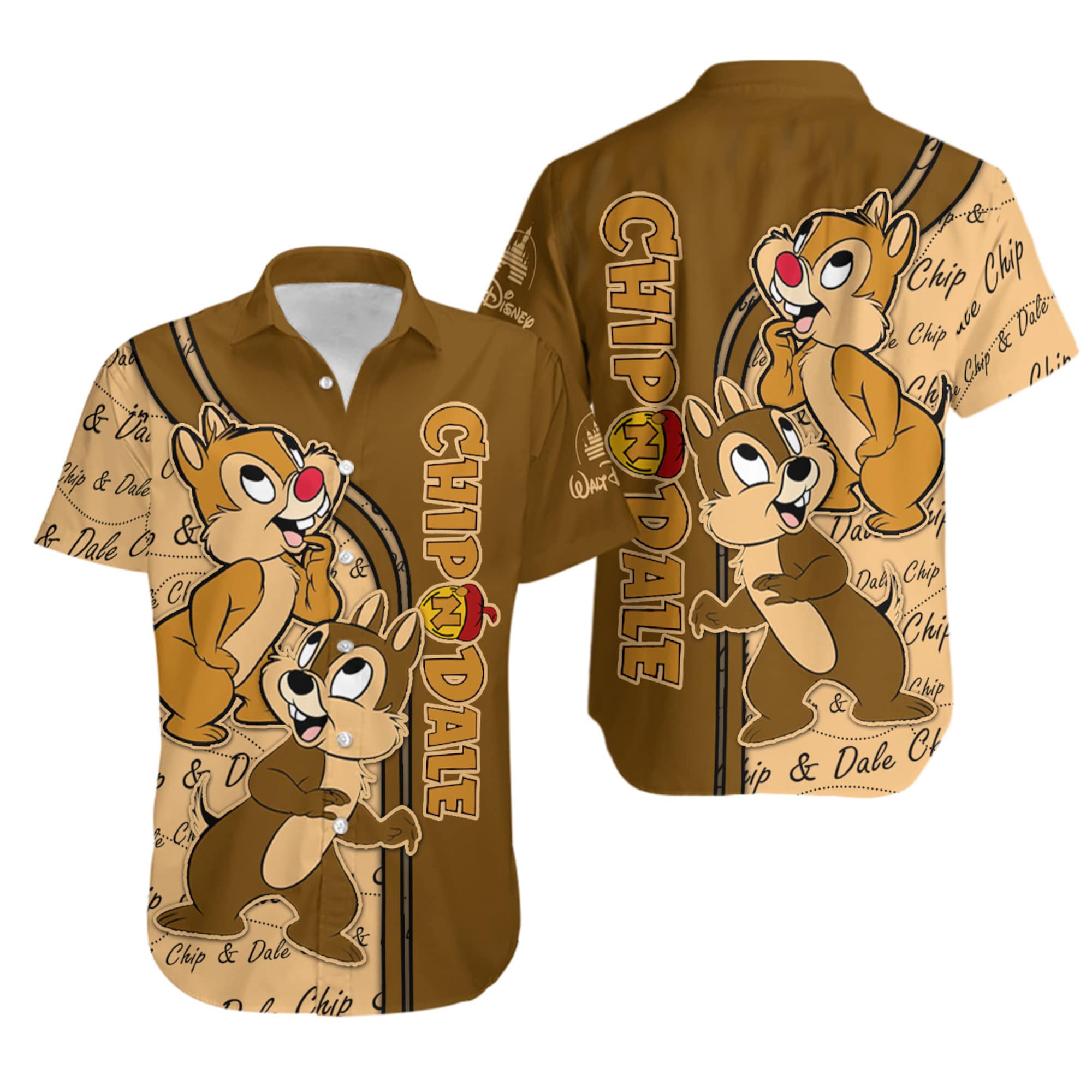 Chipmunks Chip & Dale Brown Stripes Disney Hawaiian Button Down Shirt