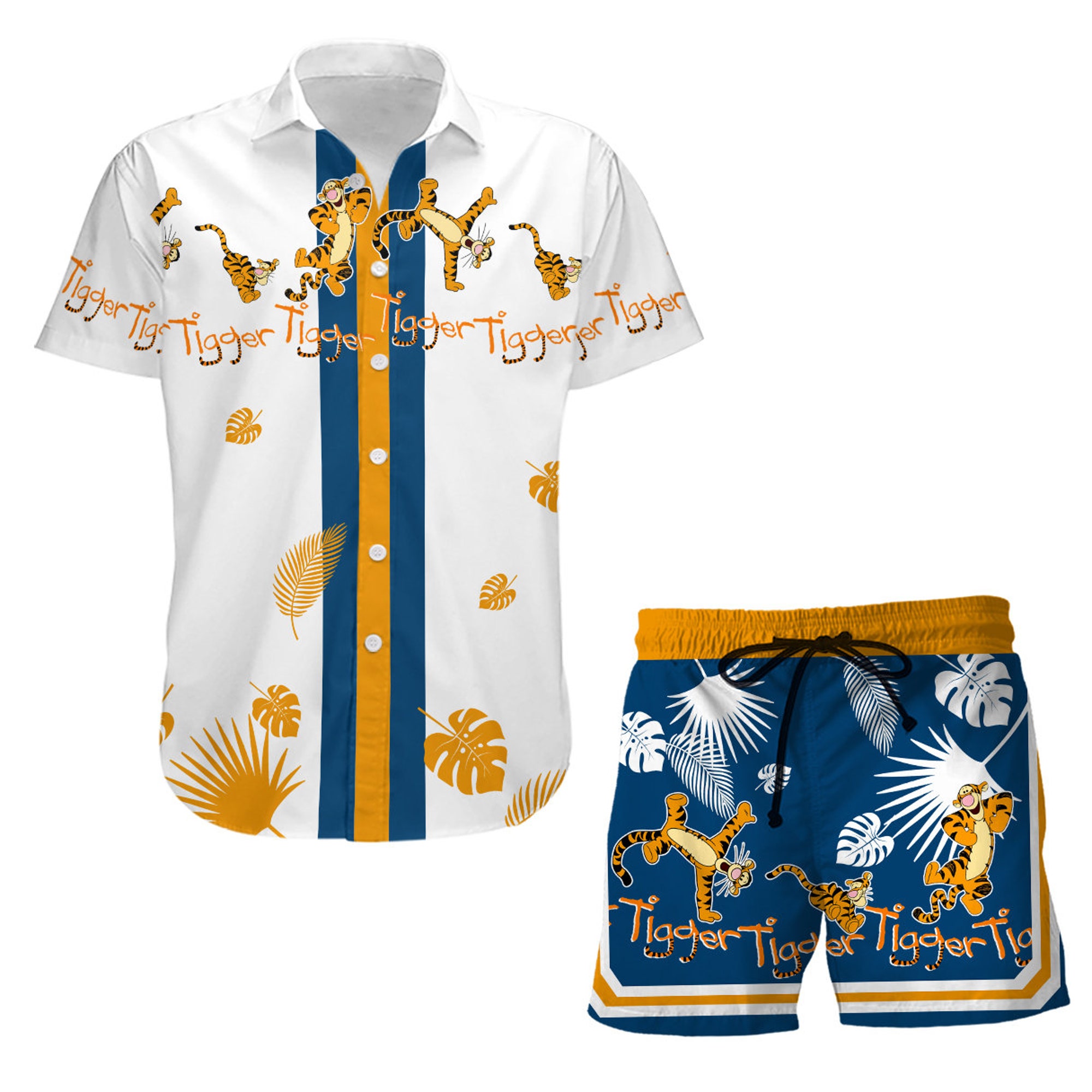 Tigger Tiger Blue Gold Summer Tropical Print Disney Hawaiian Shirt