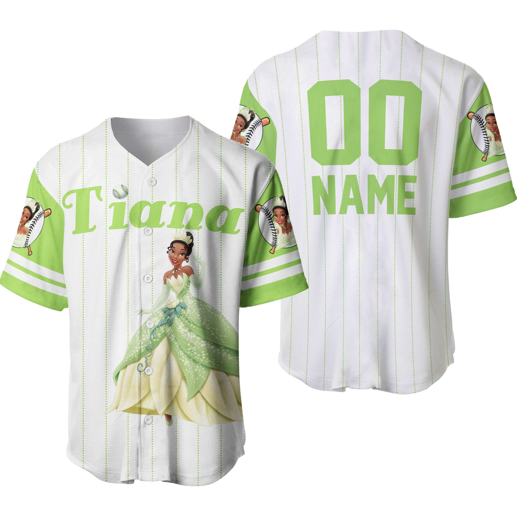 Tiana Princess White Lime Green Disney Custom Baseball Jersey