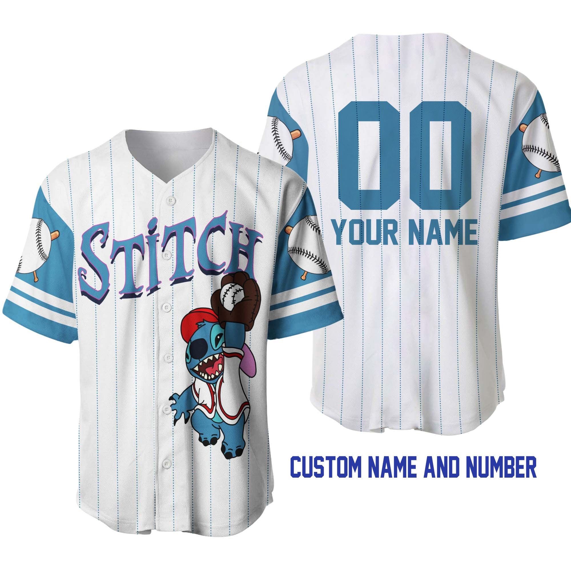 Discover Stitch White Blue Disney Unisex Cartoon Graphic Casual Outfits Custom Baseball Jersey