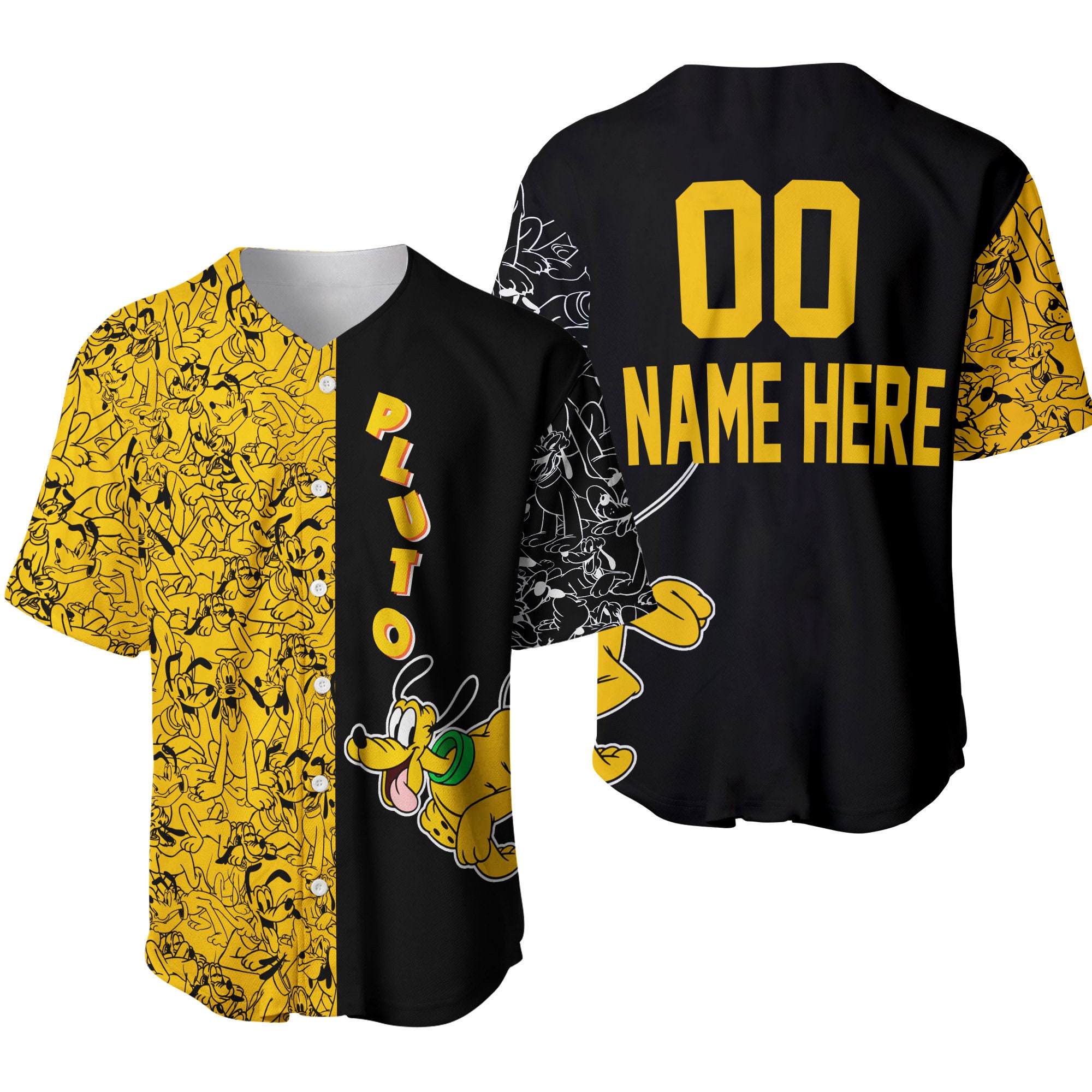 Discover Pluto Dog Pattern Black Yellow Disney Unisex Cartoon Graphic Casual Outfits Custom Baseball Jersey