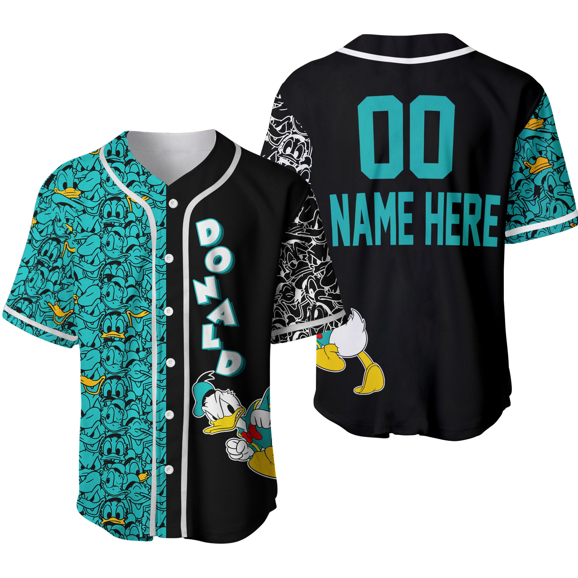 Discover Donald Duck Pattern Turquoise Black Disney Custom Baseball Jersey