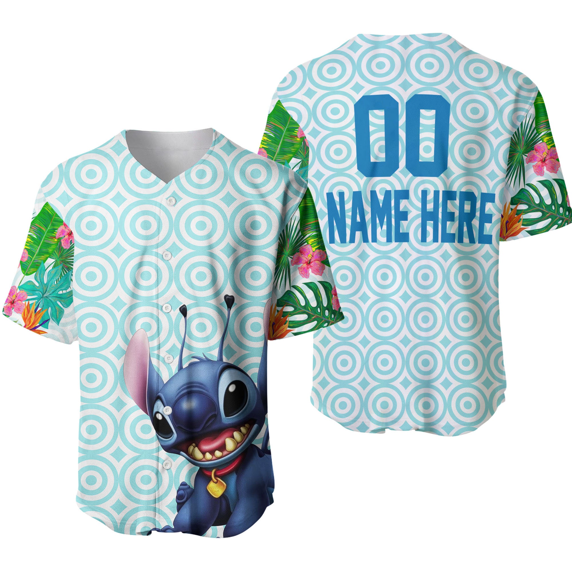 Discover Hawaiian Stitch Flowery Pattern Blue Disney Unisex Cartoon Graphic Casual Outfits Baseball Jersey