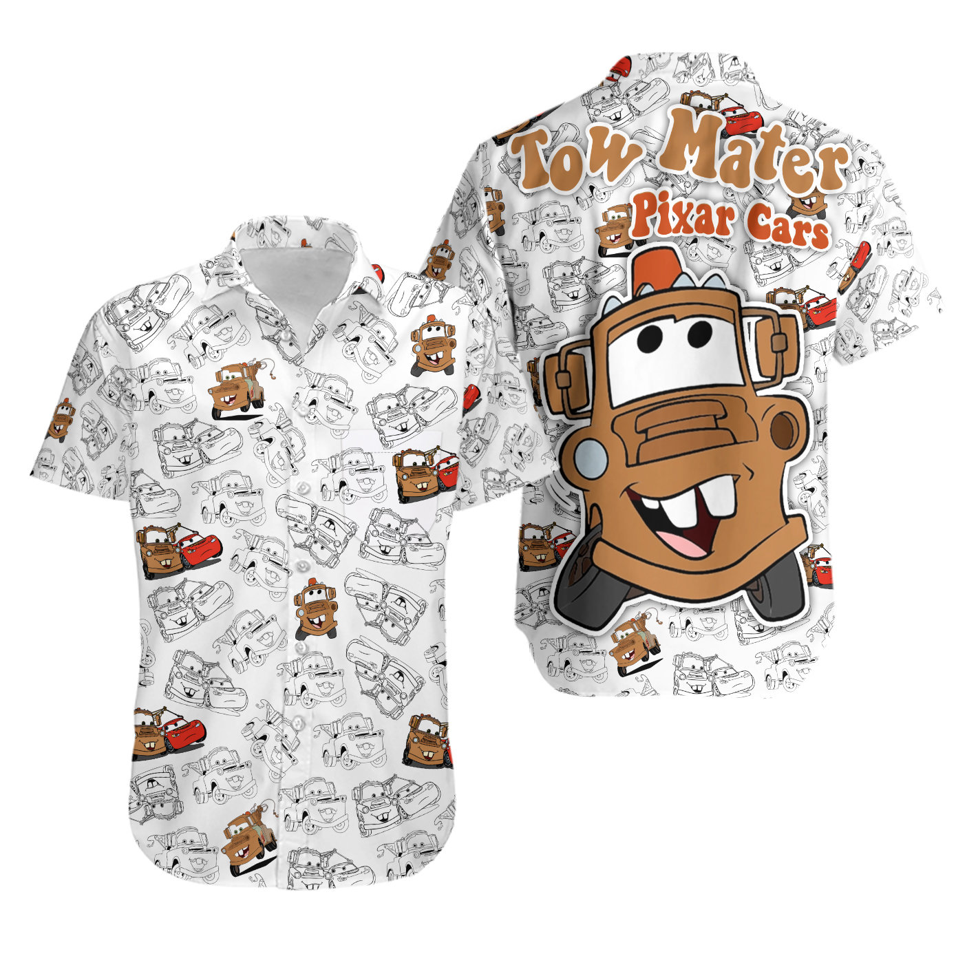 Discover Pixar Cars White Brown Pattern Disney Hawaiian Button Down Shirt Vacation Cartoon Graphic Outfits Men Women Youth Kids