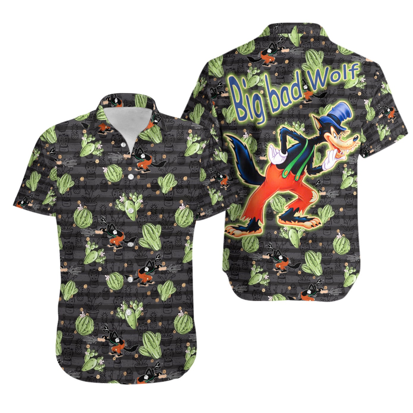 Discover Big Bad Wolf Black Green Pattern Disney Hawaiian Button Down Shirt Vacation Cartoon Graphic Outfits Men Women Youth Kids