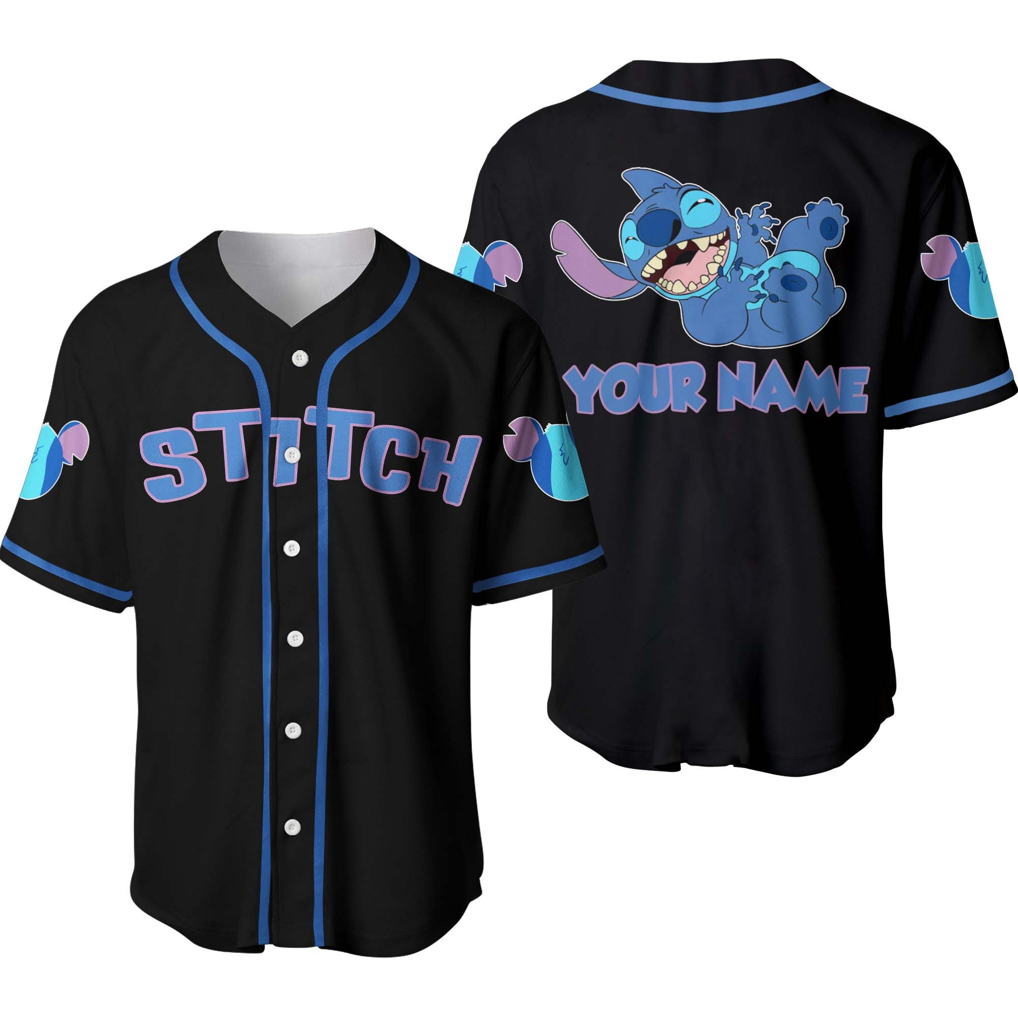 Stitch Smiling Blue Black Disney Custom Baseball Jersey