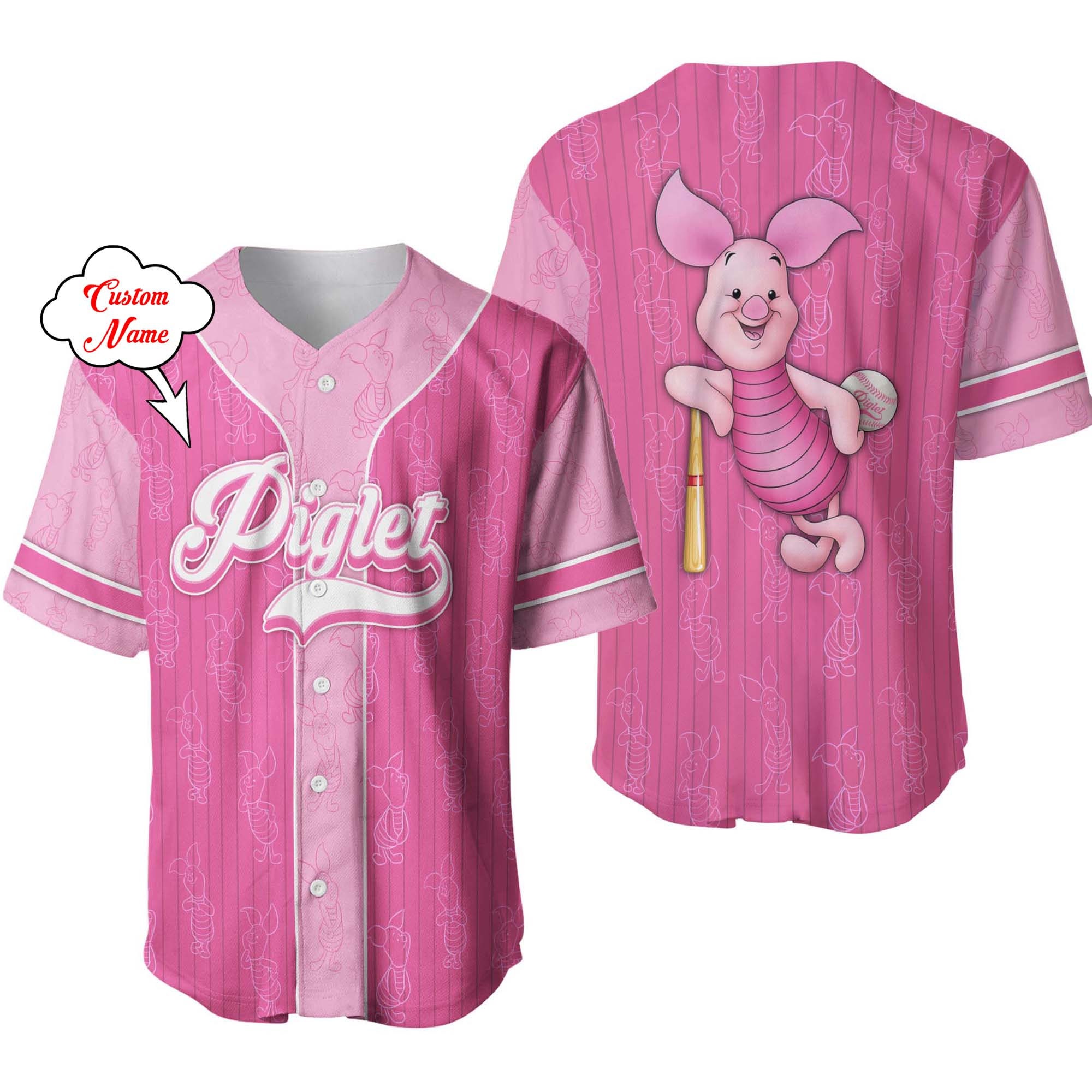 Discover Piglet Ferkel Winnie Pooh Rosa Weiß Muster Disney Cartoon Baseball Jersey Trikot